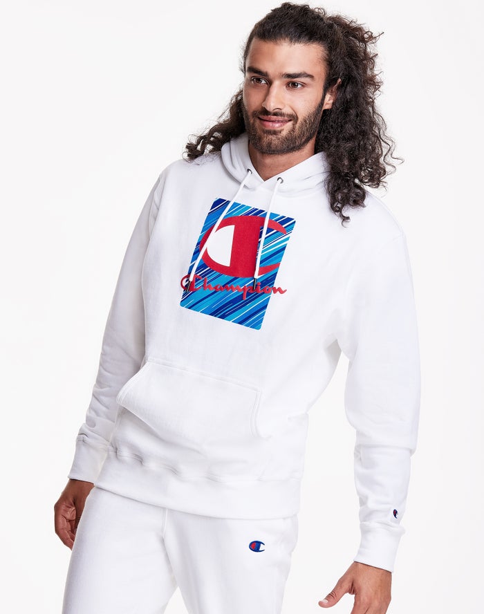 Champion Mens Hoodie NZ - Powerblend Fleece Inset Rectangle Logo  White ( 0134-KRFTQ )